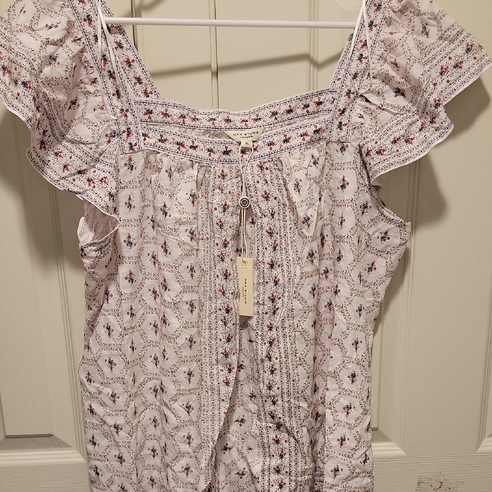 Max Studio Cream and Red Patterned Blouse
